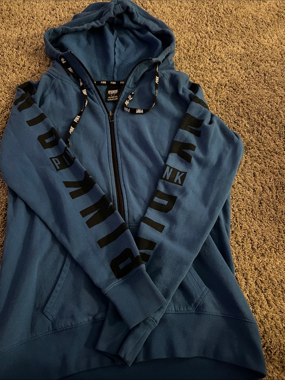 PINK Victoria's Secret Blue Hooded Full-Zip Jacket with Black Sleeve Logos